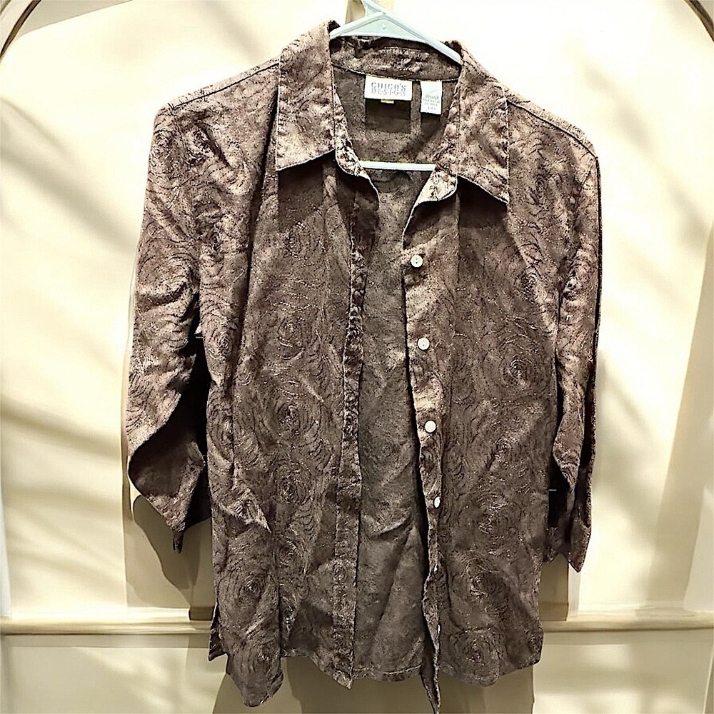 Chicos 100% linen Brown Button-Up stitches rose design size 1 / SMALL US 8/10